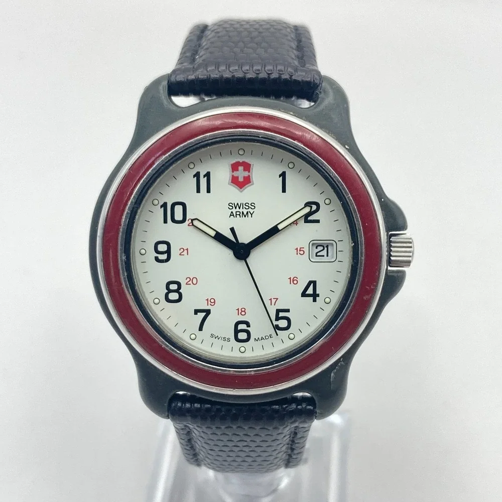 Vintage Swiss Army Men's Watch 38mm Red Bezel Date Black Leather New Battery